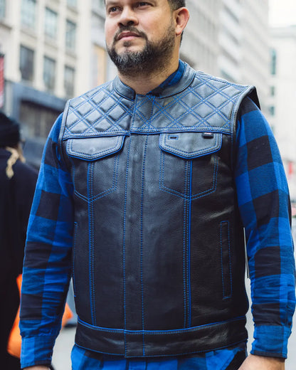 Finish Line - Blue Checker - Men's Motorcycle Leather Vest Men's Leather Vest Vests