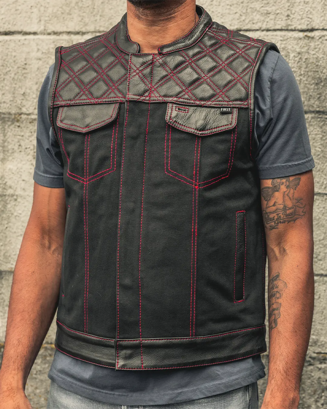 Hunt Club Motorcycle Leather Canvas Vest Black/Red Men's Canvas Vests Vests