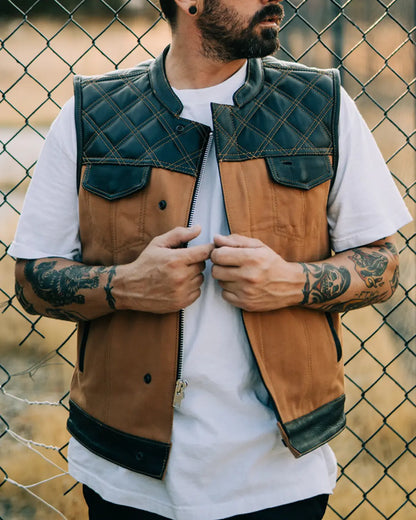 Hunt Club Motorcycle Leather Canvas Vest Men's Canvas Vests Vests