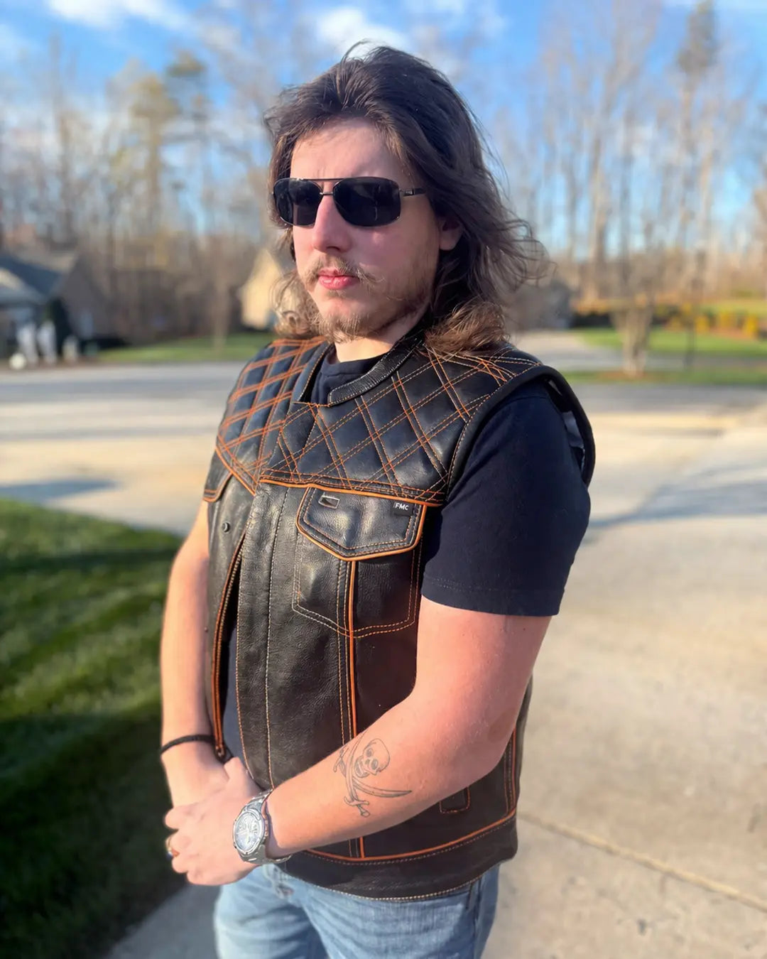 Finish Line - Orange Checker - Men's Motorcycle Leather Vest Men's Leather Vest Vests