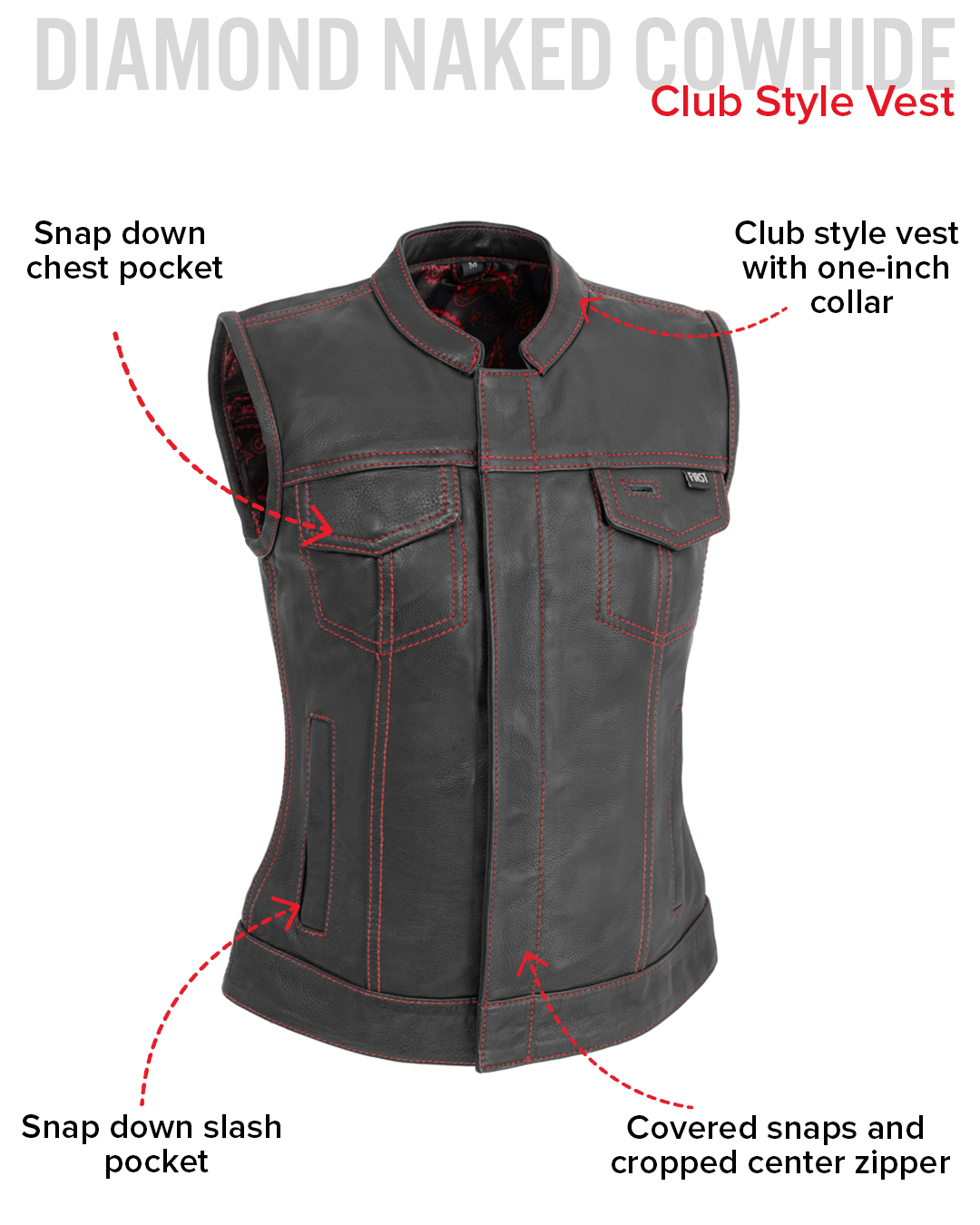 Jessica Women's Motorcycle Leather Vest - Black/Red - Limited Edition Women's Leather Vest Vests