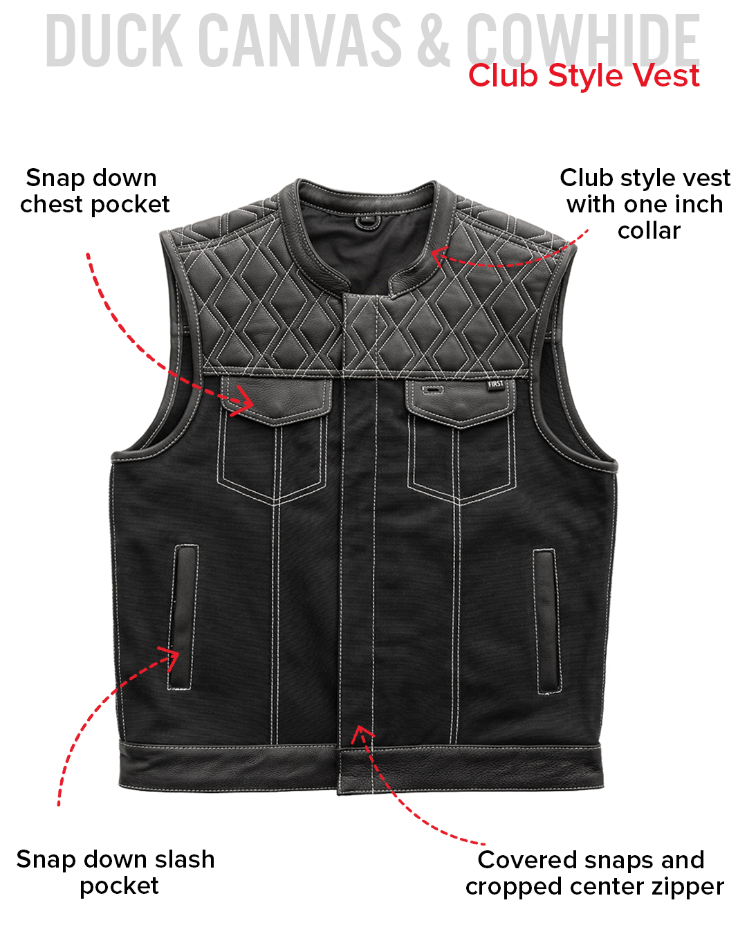 Hunt Club Motorcycle Leather Canvas Vest White Stitch Men's Canvas Vests Vests