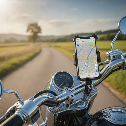 Motorcycle phone mount holding a phone on a cruiser handlebar