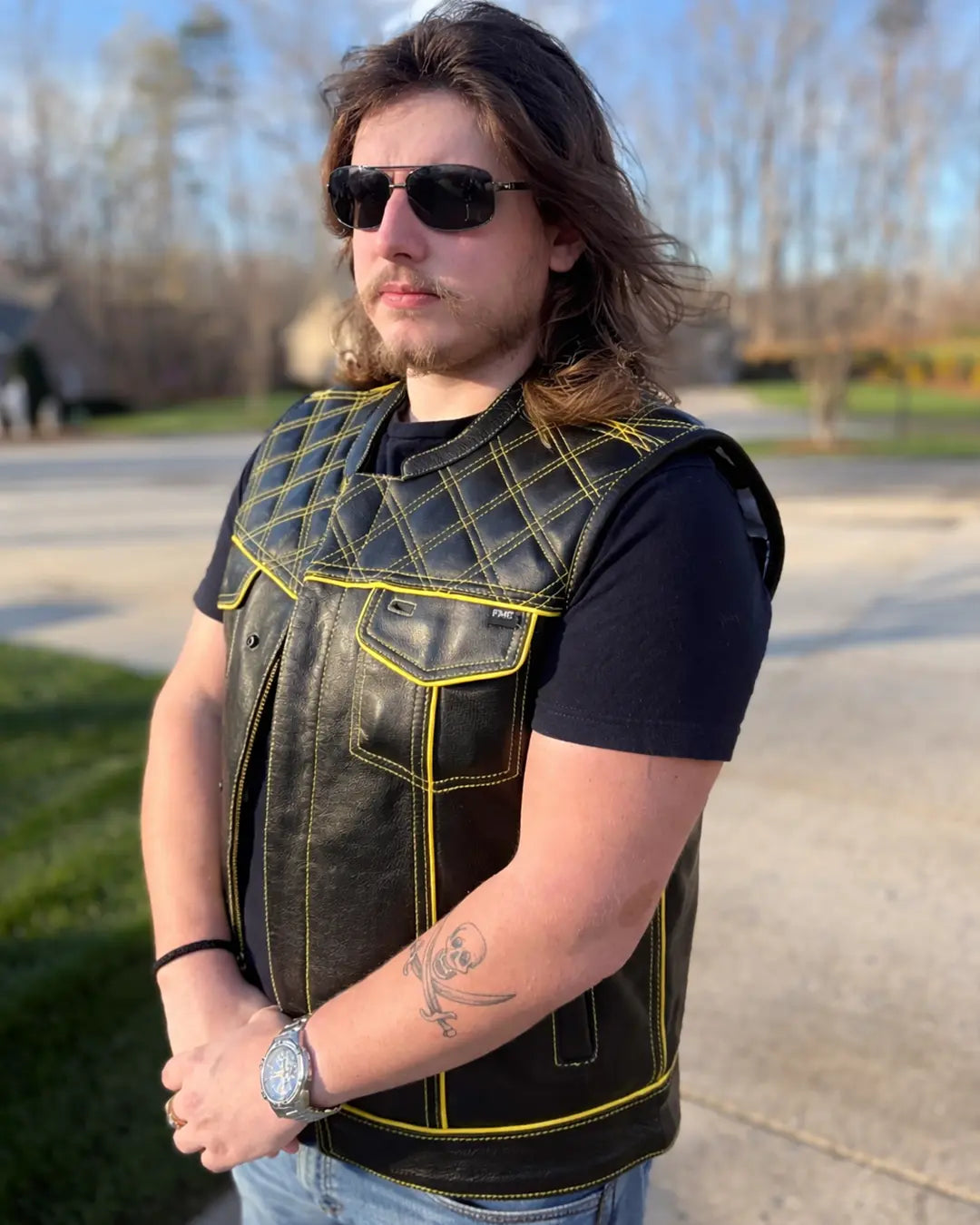 Finish Line - Gold Checker - Men's Motorcycle Leather Vest Men's Leather Vest Vests