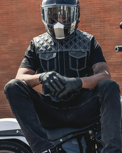 Hunt Club Motorcycle Leather Canvas Vest White Stitch Men's Canvas Vests Vests