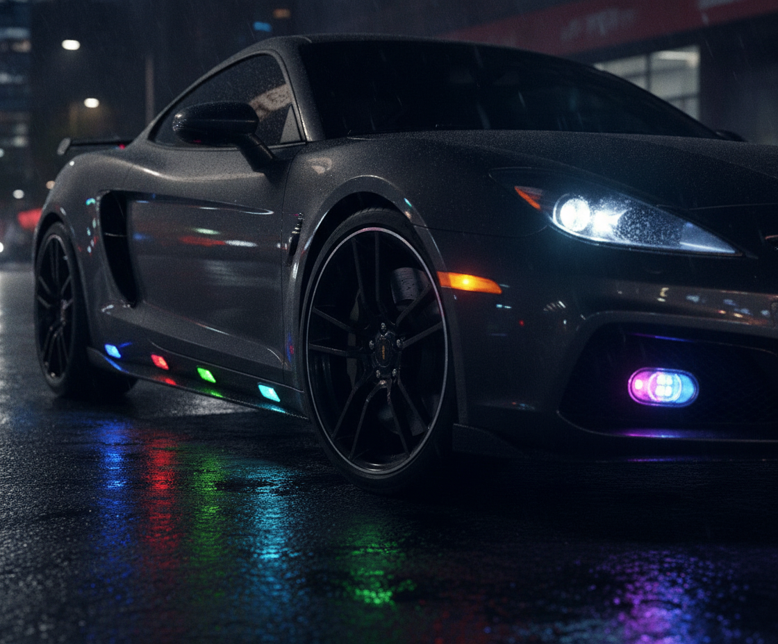 RGB motorcycle lights underglow on a sports car at night