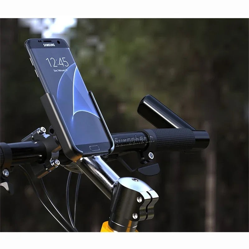Phone in a motorcycle phone mount on handlebars