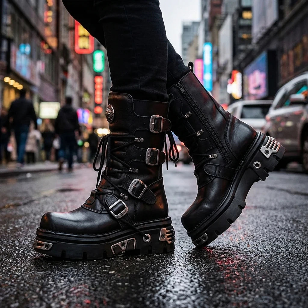 Black gothic platform combat boots with skull buckles, silver hardware and chunky lug sole worn on city street