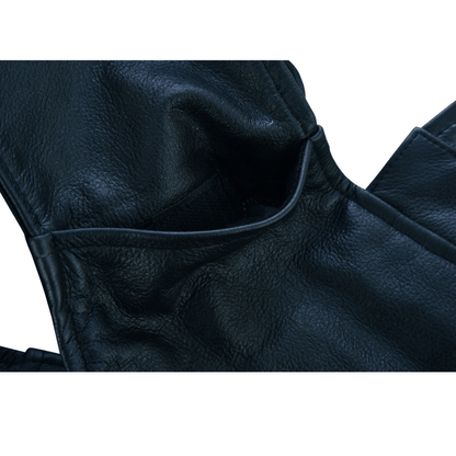 Close-up image of Vance Zip-Out Insulation Pant Style Motorcycle Leather Chaps in black, showcasing the texture and stitching details, complemented by a sleek mesh lining.