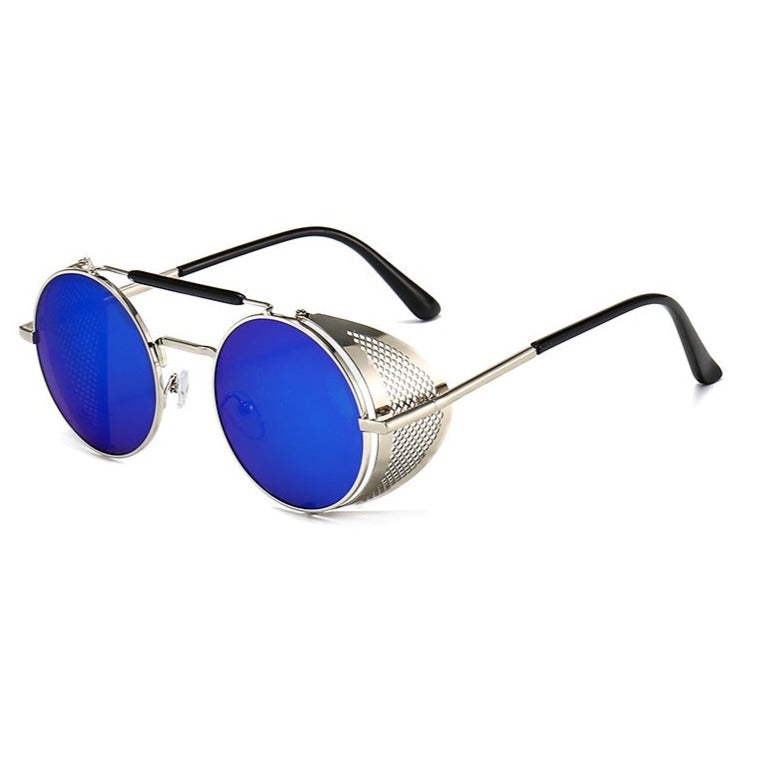 Bikers Retro Round Steampunk Glasses with blue mirrored lenses, perfect for bikers with a vintage retro design.