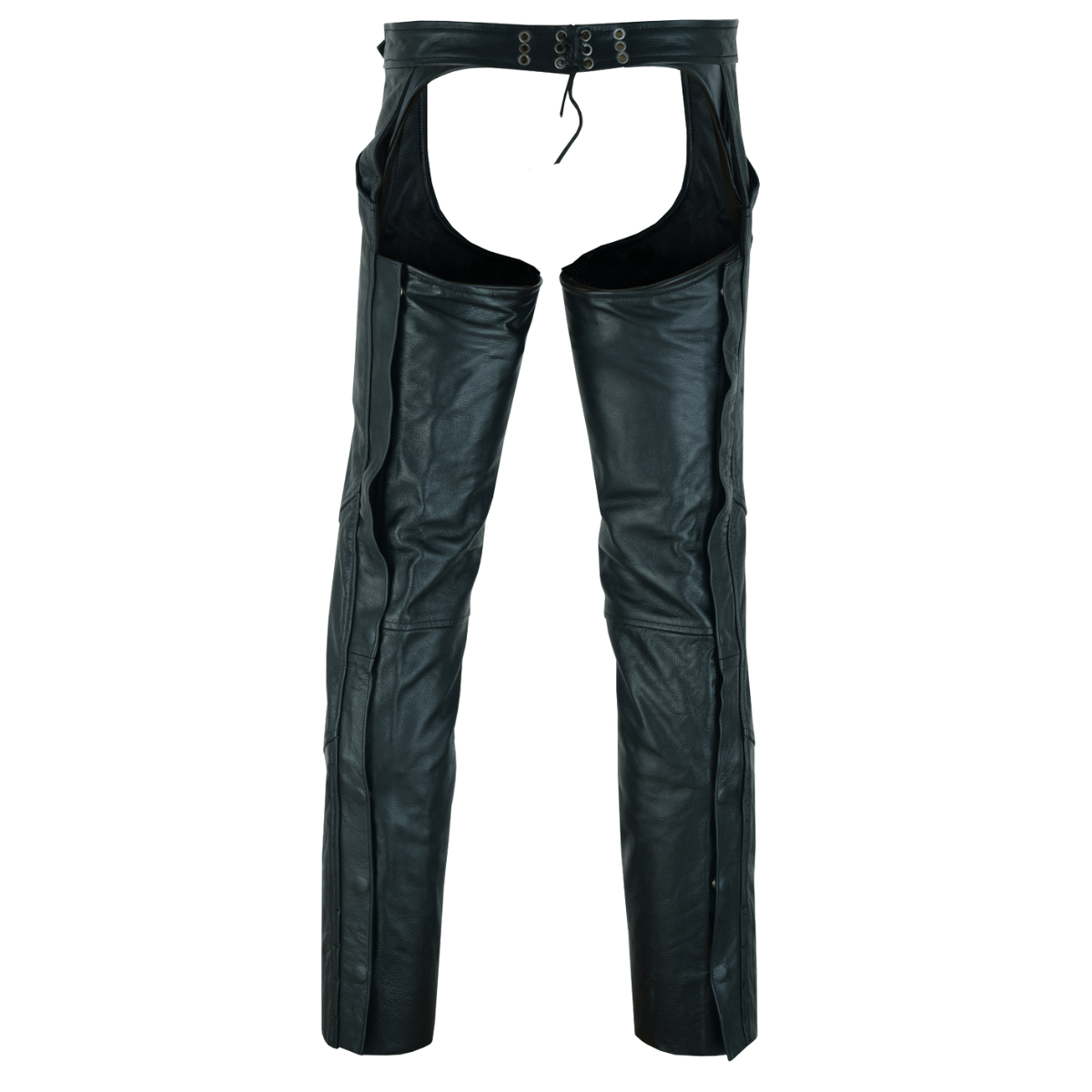 The Vance Zip-Out Insulation Pant Style Motorcycle Leather Chaps feature a black leather construction with lace-up detailing at the waist, a design without a seat or front panel, and mesh lining for enhanced comfort, intended to be worn over pants.