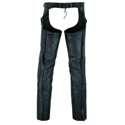 The Vance Zip-Out Insulation Pant Style Motorcycle Leather Chaps feature a black leather construction with lace-up detailing at the waist, a design without a seat or front panel, and mesh lining for enhanced comfort, intended to be worn over pants.