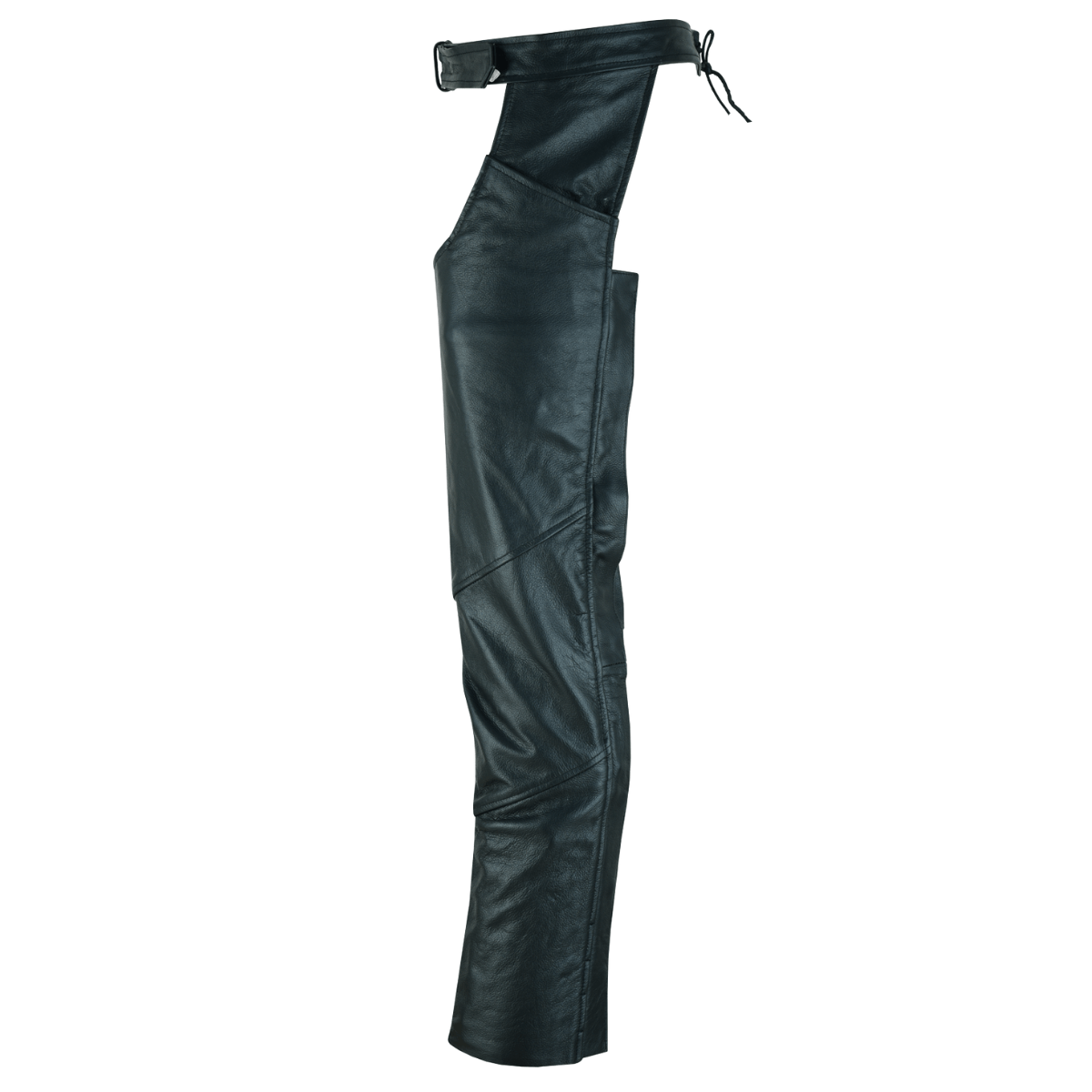 The Vance Zip-Out Insulation Pant Style Motorcycle Leather Chaps in black leather feature a cut-out leg design for added style and functionality.