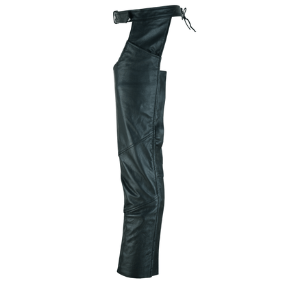 The Vance Zip-Out Insulation Pant Style Motorcycle Leather Chaps in black leather feature a cut-out leg design for added style and functionality.