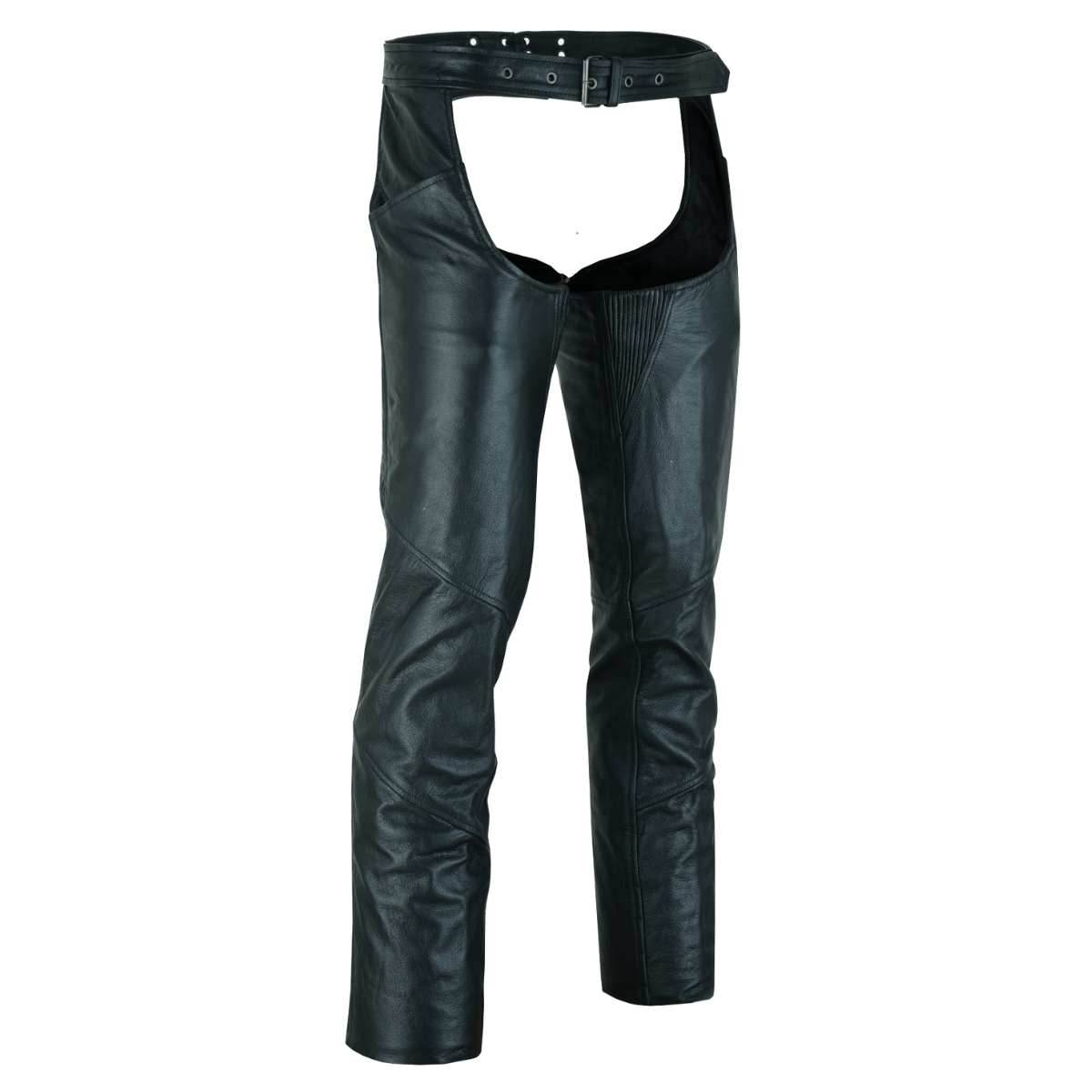 Vance Zip-Out Insulation Pant Style Motorcycle Leather Chaps are designed to be worn over pants for protection, featuring black leather with a belt and open front and back sections. These chaps come with zip-out insulation, providing the option of added warmth or lighter wear.
