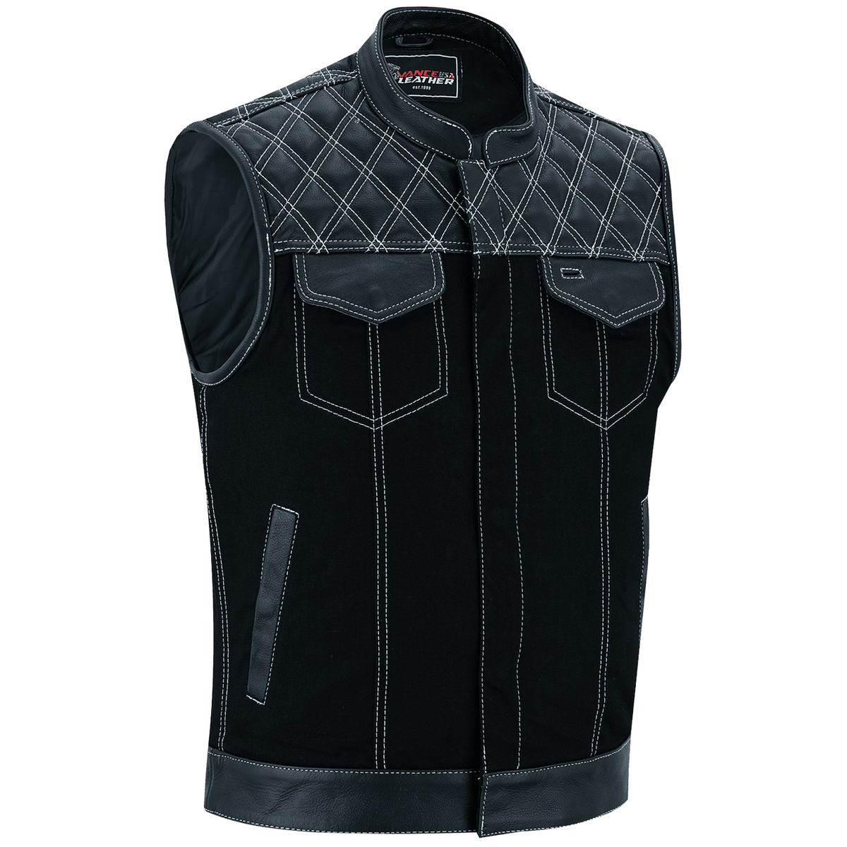 Men's Denim & Leather Motorcycle Vest with Conceal Carry Pockets and White Stitching