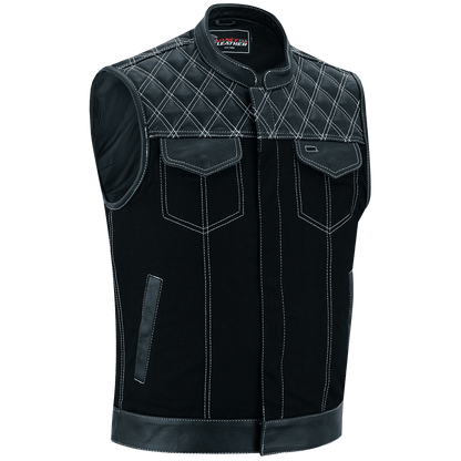 Men's Denim & Leather Motorcycle Vest with Conceal Carry Pockets and White Stitching