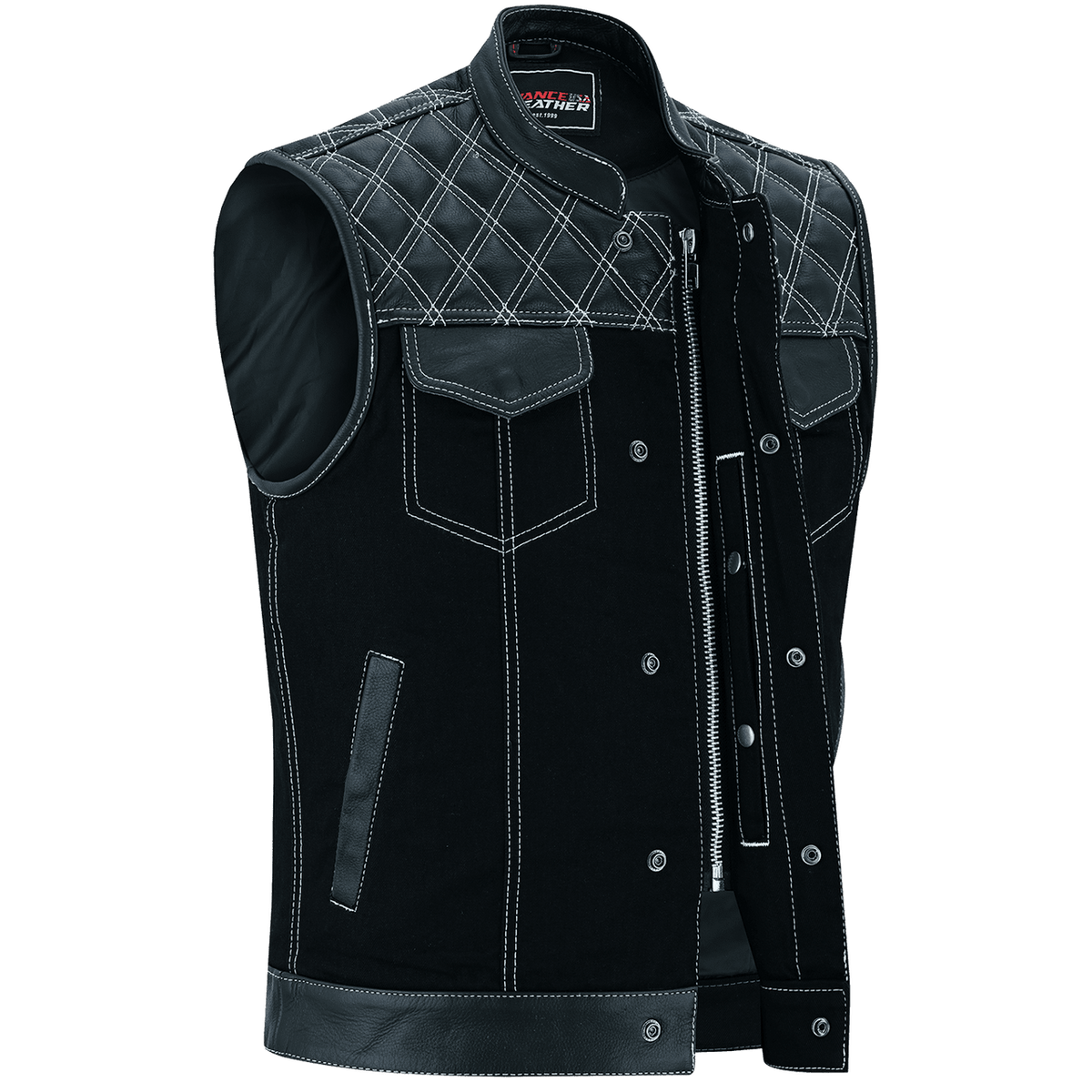 Men's Denim & Leather Motorcycle Vest with Conceal Carry Pockets and White Stitching