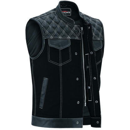 Men's Denim & Leather Motorcycle Vest with Conceal Carry Pockets and White Stitching