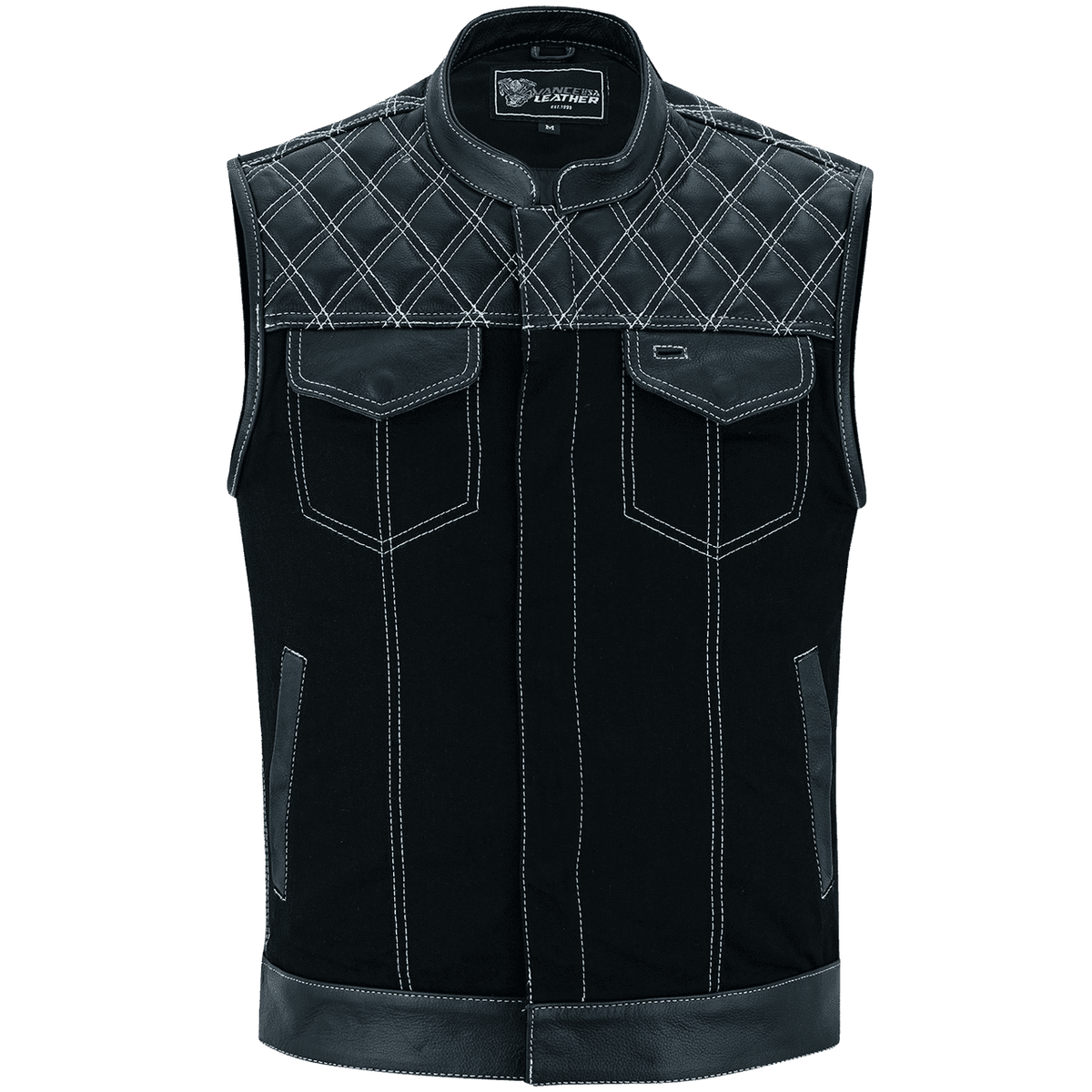 Men's Denim & Leather Motorcycle Vest with Conceal Carry Pockets and White Stitching