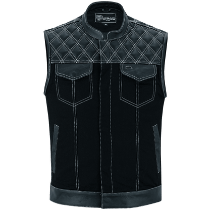 Men's Denim & Leather Motorcycle Vest with Conceal Carry Pockets and White Stitching
