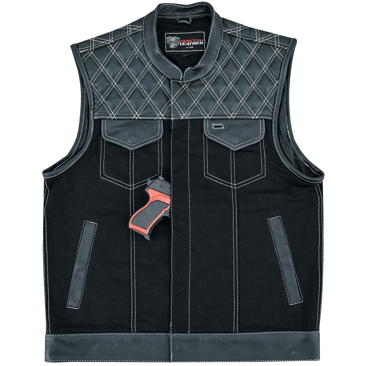 Men's Denim & Leather Motorcycle Vest with Conceal Carry Pockets and White Stitching