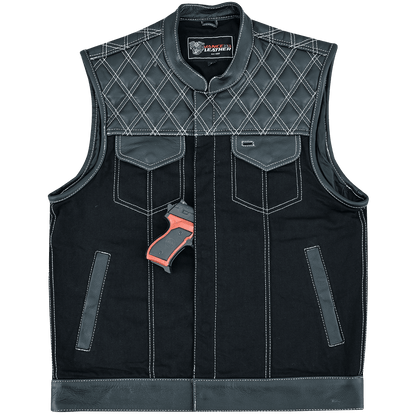 Men's Denim & Leather Motorcycle Vest with Conceal Carry Pockets and White Stitching
