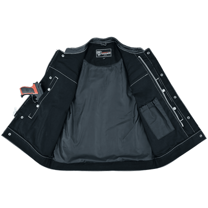 Men's Denim & Leather Motorcycle Vest with Conceal Carry Pockets and White Stitching