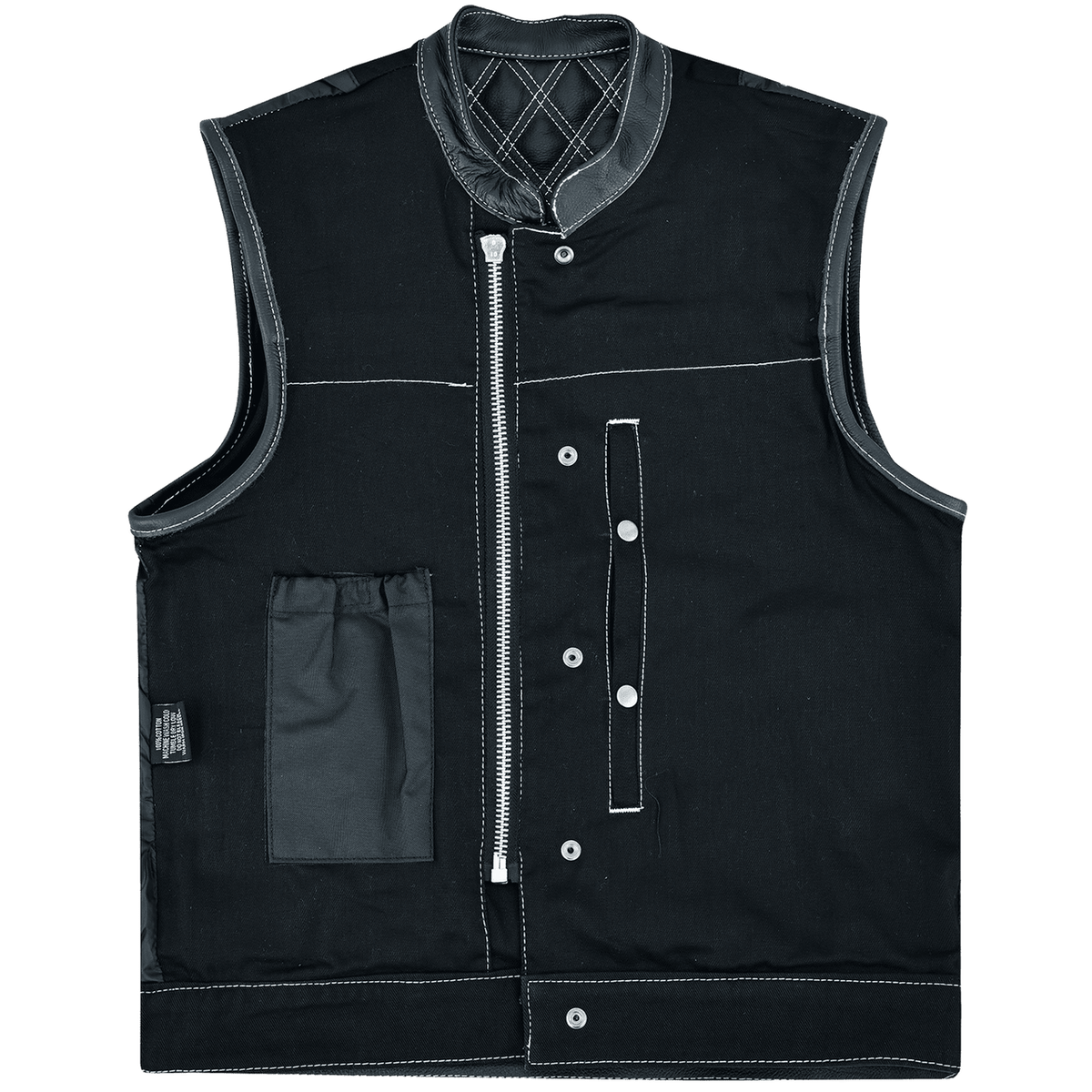 Men's Denim & Leather Motorcycle Vest with Conceal Carry Pockets and White Stitching