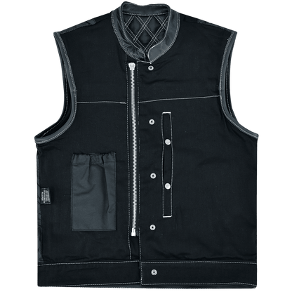 Men's Denim & Leather Motorcycle Vest with Conceal Carry Pockets and White Stitching