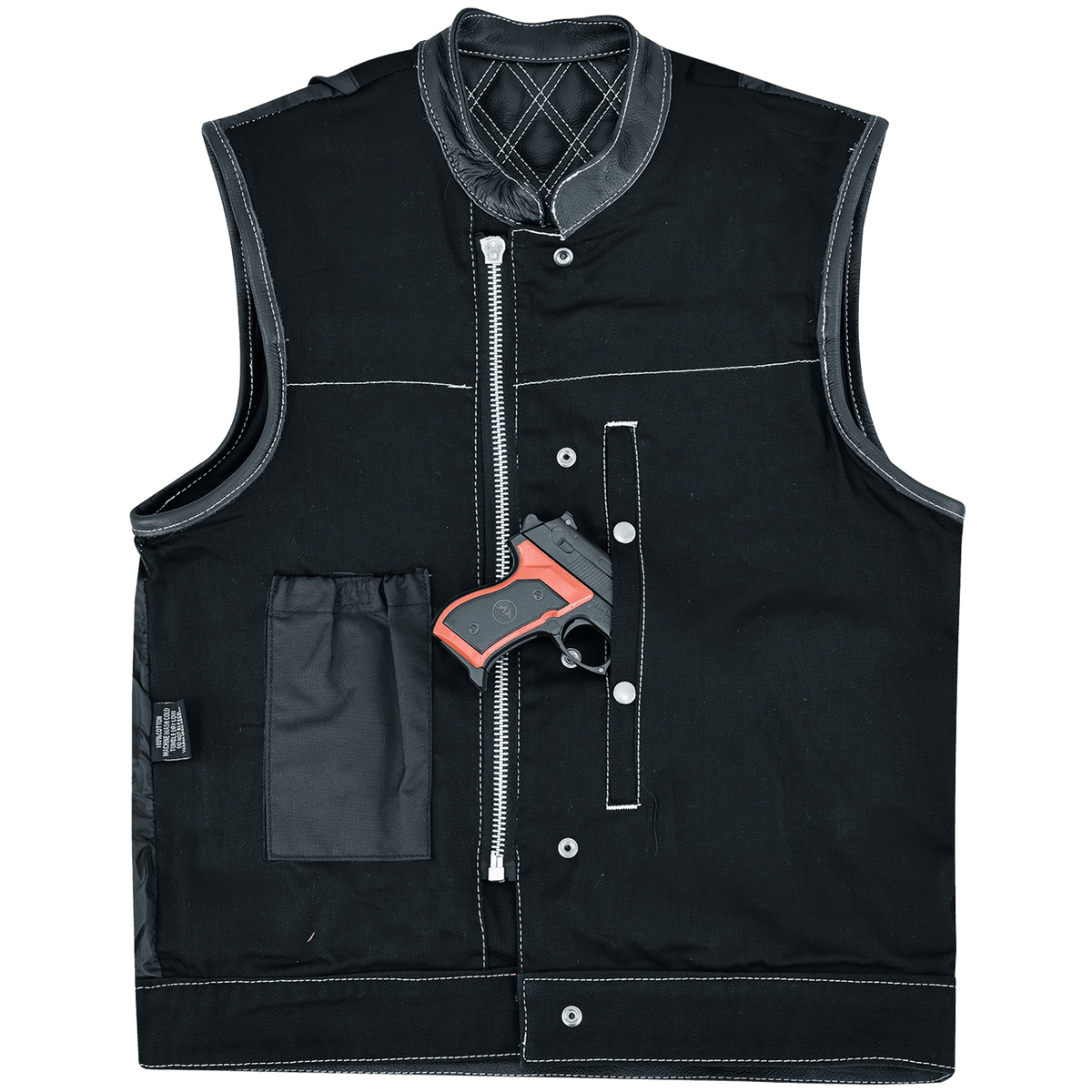 Men's Denim & Leather Motorcycle Vest with Conceal Carry Pockets and White Stitching