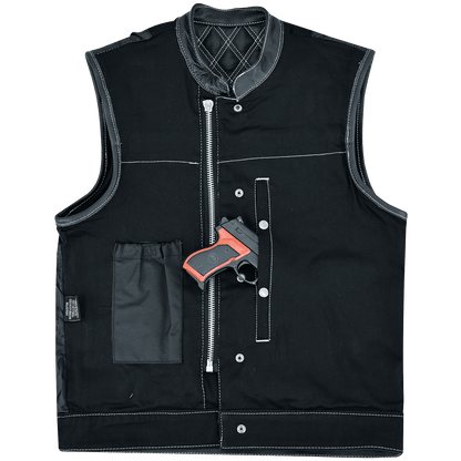 Men's Denim & Leather Motorcycle Vest with Conceal Carry Pockets and White Stitching