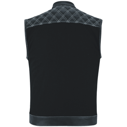 Men's Denim & Leather Motorcycle Vest with Conceal Carry Pockets and White Stitching