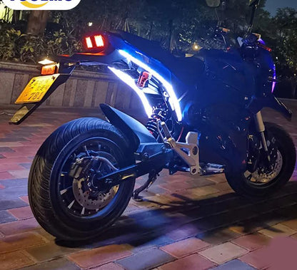 motorcycle LED strip lights glowing blue on a bike