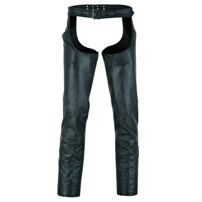 The Vance Zip-Out Insulation Pant Style Motorcycle Leather Chaps feature black leather with an adjustable belt, zip-out insulation, and an open crotch. Designed to be worn over pants, these chaps are ideal for motorcycling, providing added protection.

