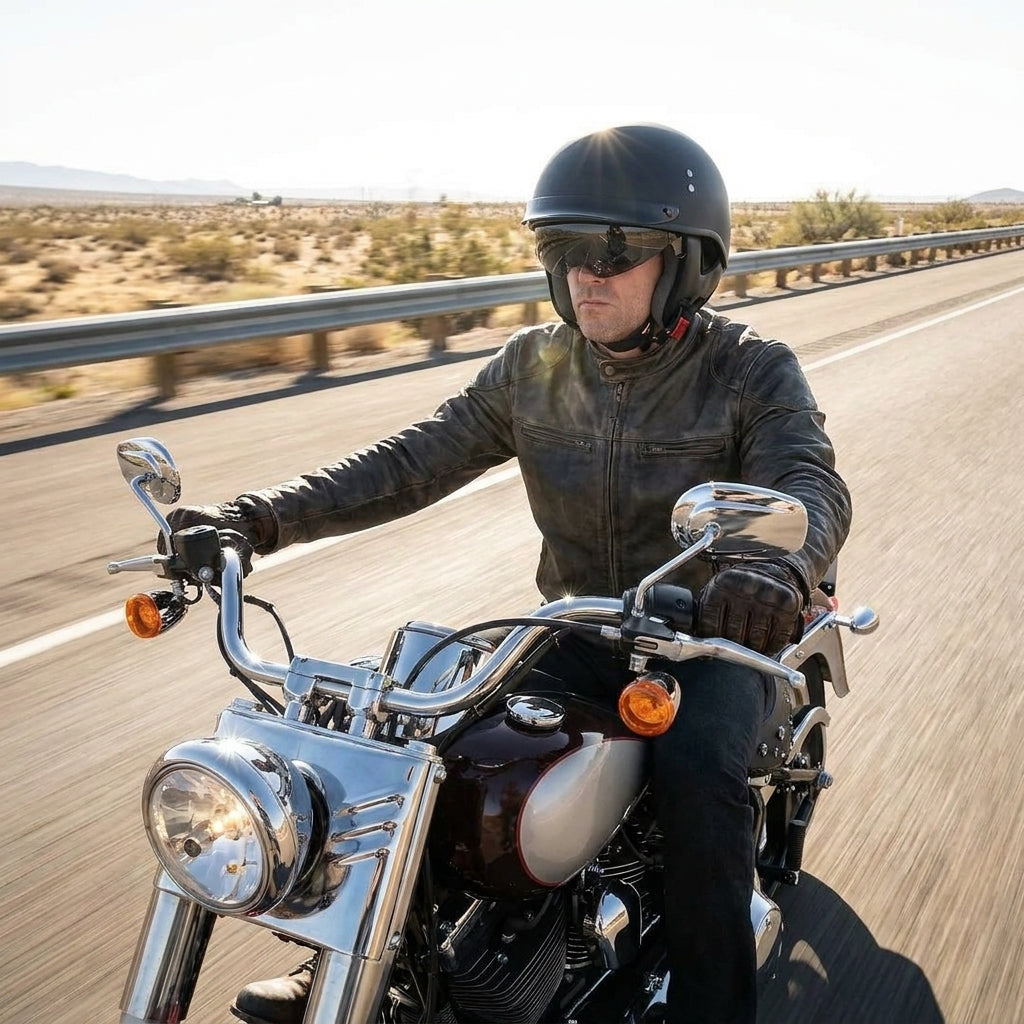 Rider wearing the vintage half helmet with the shield down