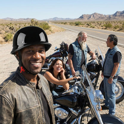 Riders at a roadside stop wearing the German half helmet