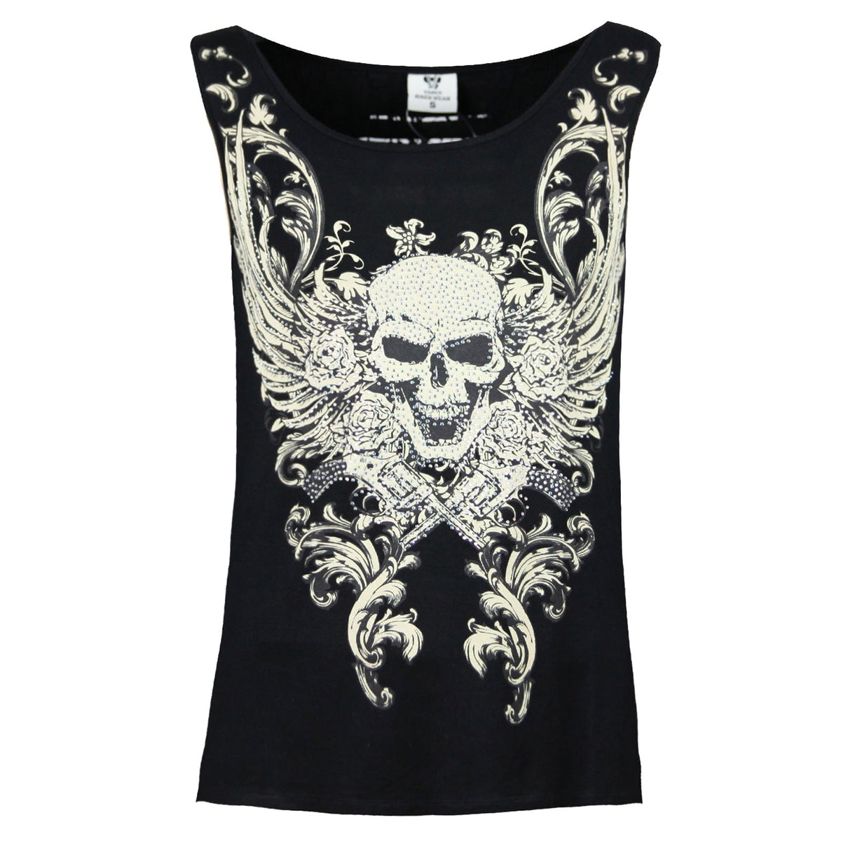 VB032B / VB132B Skull & Wings - Ladies Skull & Wings Black Tank Top with Shredded Back
