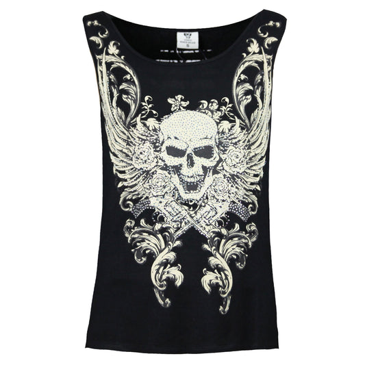 VB032B / VB132B Skull & Wings - Ladies Skull & Wings Black Tank Top with Shredded Back
