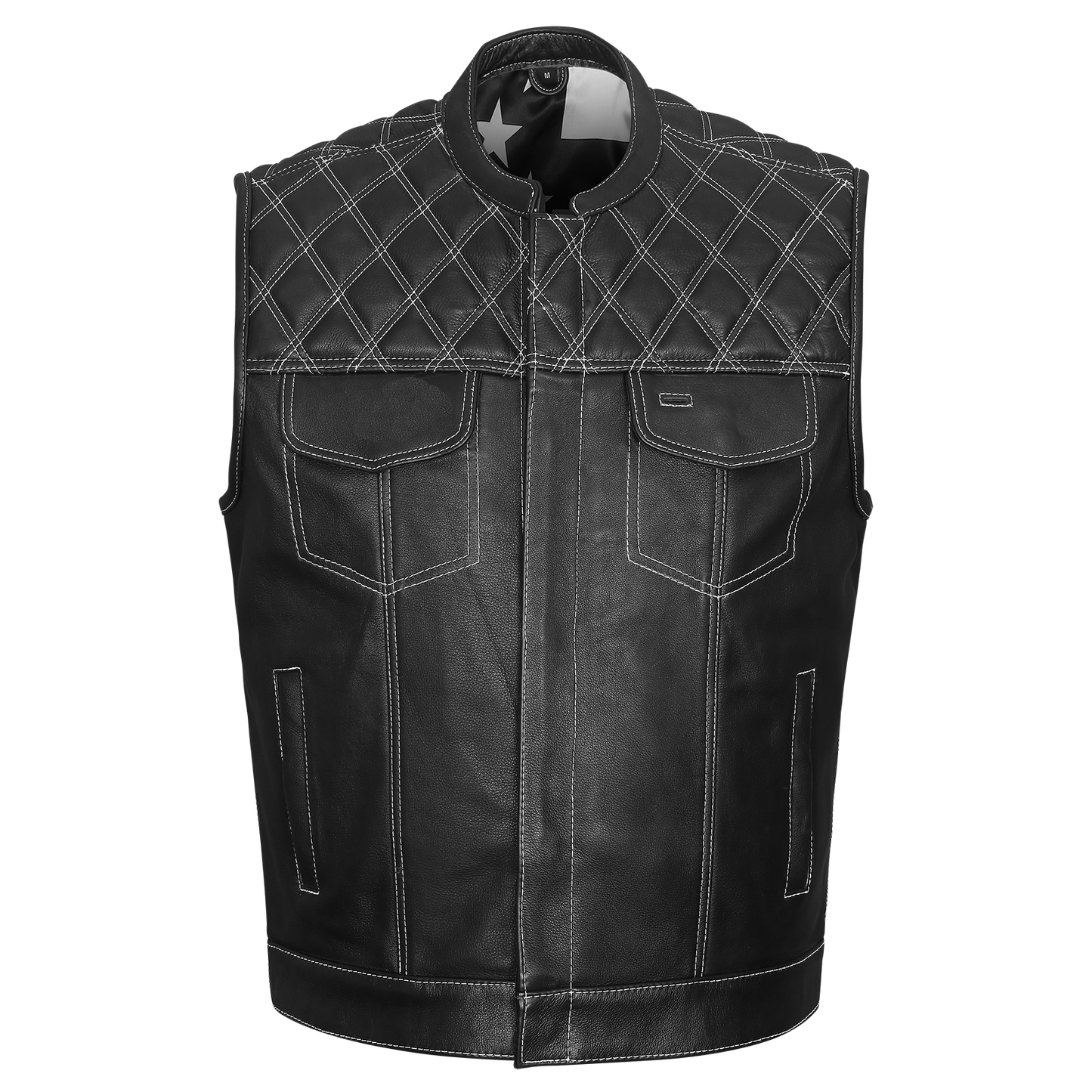 Vance High Mileage Men's Leather Club Vest w/American Flag Liner, Black/White