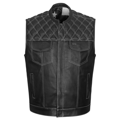 Vance High Mileage Men's Leather Club Vest w/American Flag Liner, Black/White
