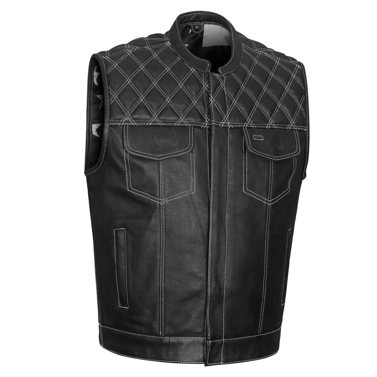 Vance High Mileage Men's Leather Club Vest w/American Flag Liner, Black/White