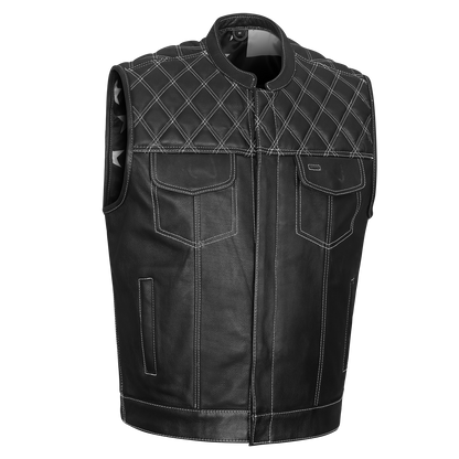 Vance High Mileage Men's Leather Club Vest w/American Flag Liner, Black/White
