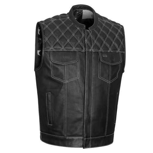 Vance High Mileage Men's Leather Club Vest w/American Flag Liner, Black/White