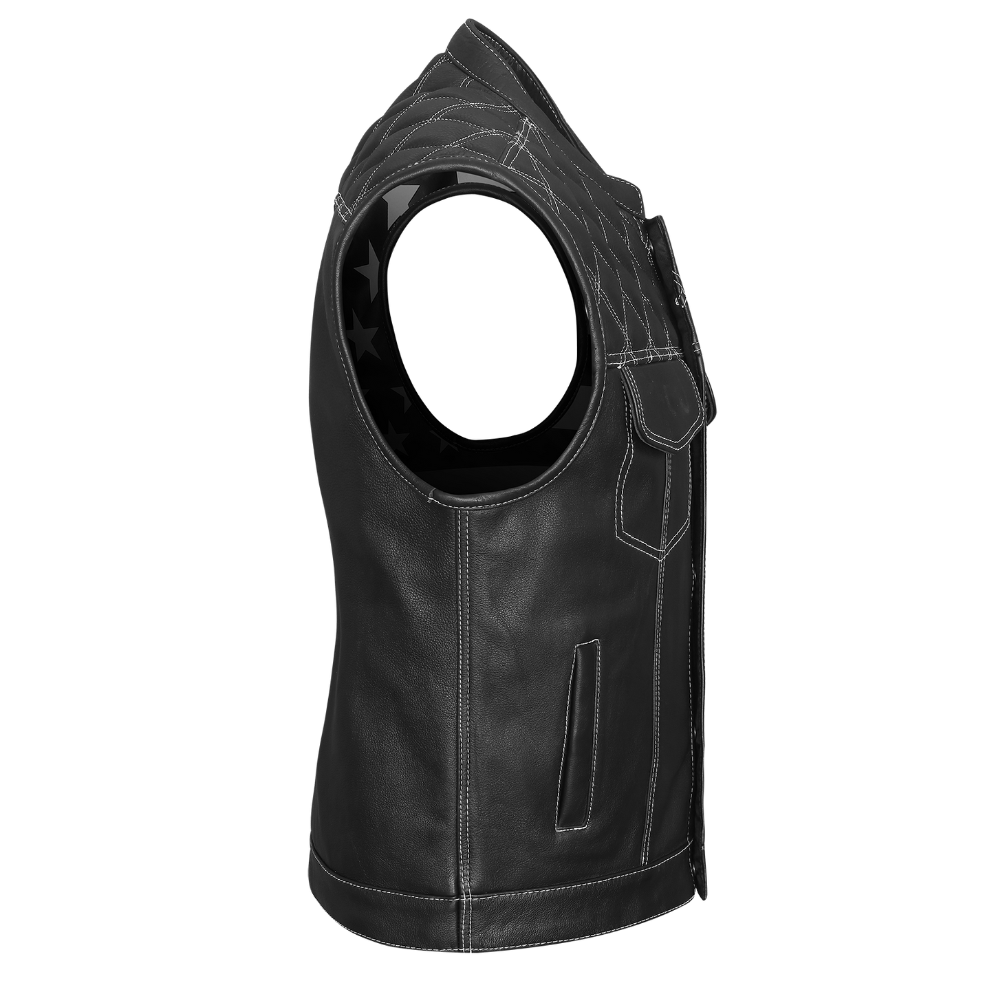 Vance High Mileage Men's Leather Club Vest w/American Flag Liner, Black/White