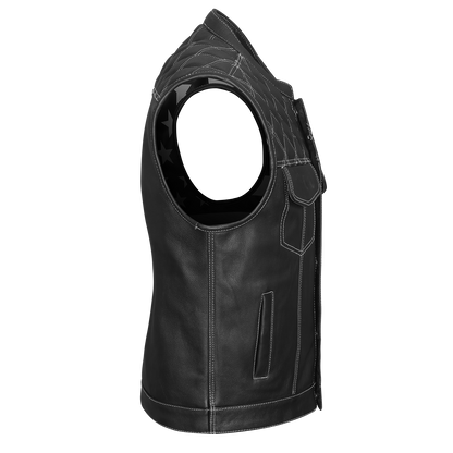Vance High Mileage Men's Leather Club Vest w/American Flag Liner, Black/White