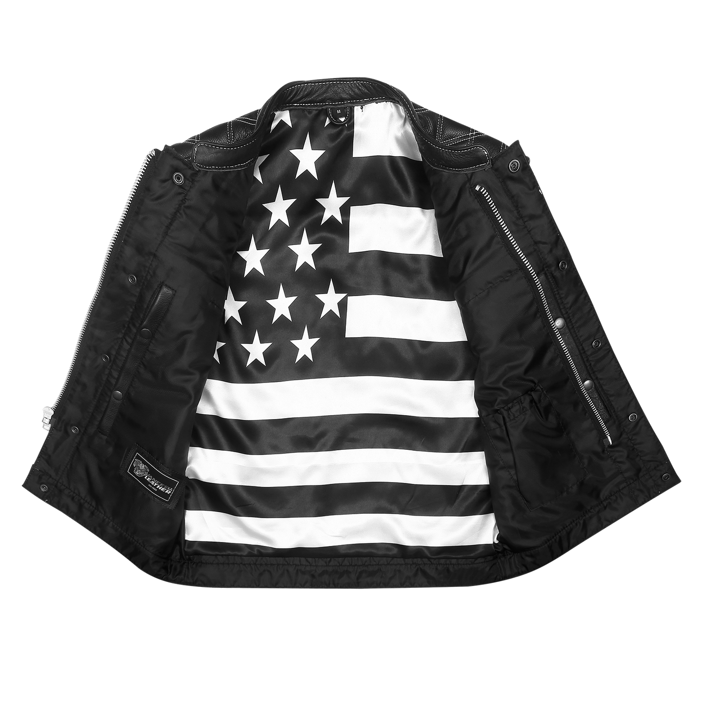 Vance High Mileage Men's Leather Club Vest w/American Flag Liner, Black/White