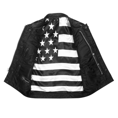 Vance High Mileage Men's Leather Club Vest w/American Flag Liner, Black/White