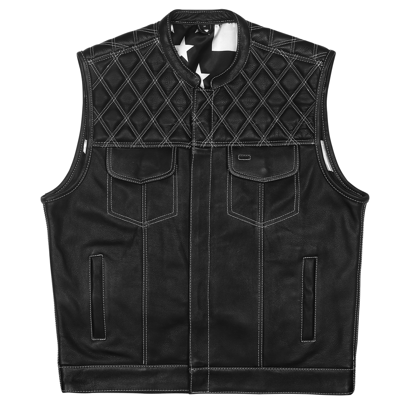 Vance High Mileage Men's Leather Club Vest w/American Flag Liner, Black/White