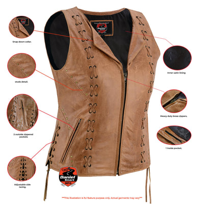 Women's Brown Zippered Vest with Lacing Details